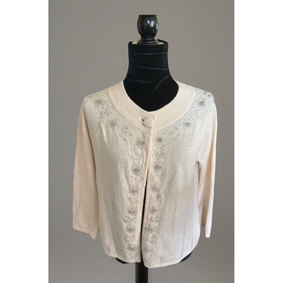 Talbots One Button Beaded Cardigan Lambs Wool Angora Nylon Ivory Sz Small - Picture 1 of 12